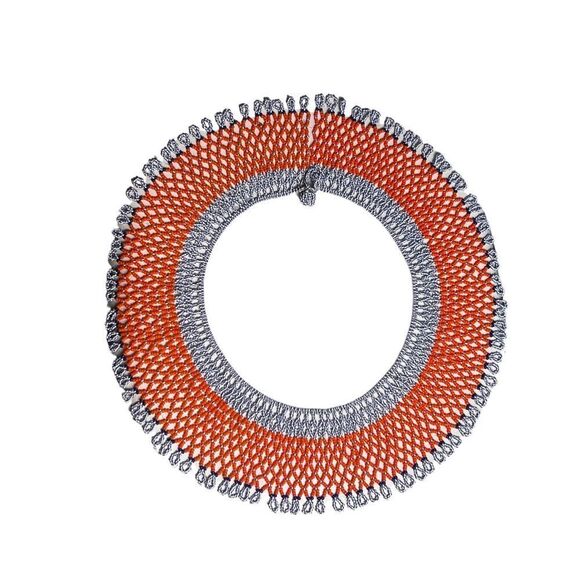 Kenya’s Artisans Saina Collar Orange & Blue Beaded Bib Statement Necklace - Picture 9 of 11